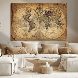 Vintage World Map Wall Art Canvas – Antique Style Push Pin