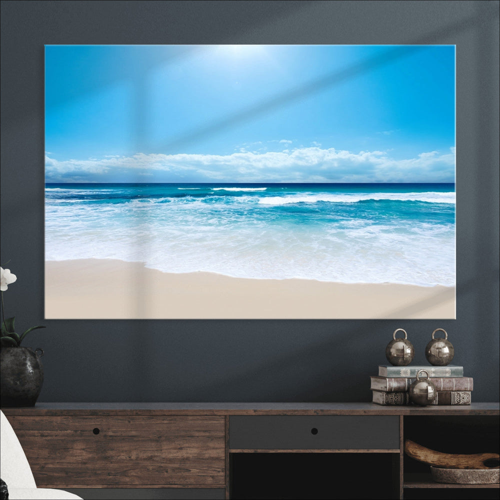 Wall Art Canvas Print Shiny Blue Sea and Beach