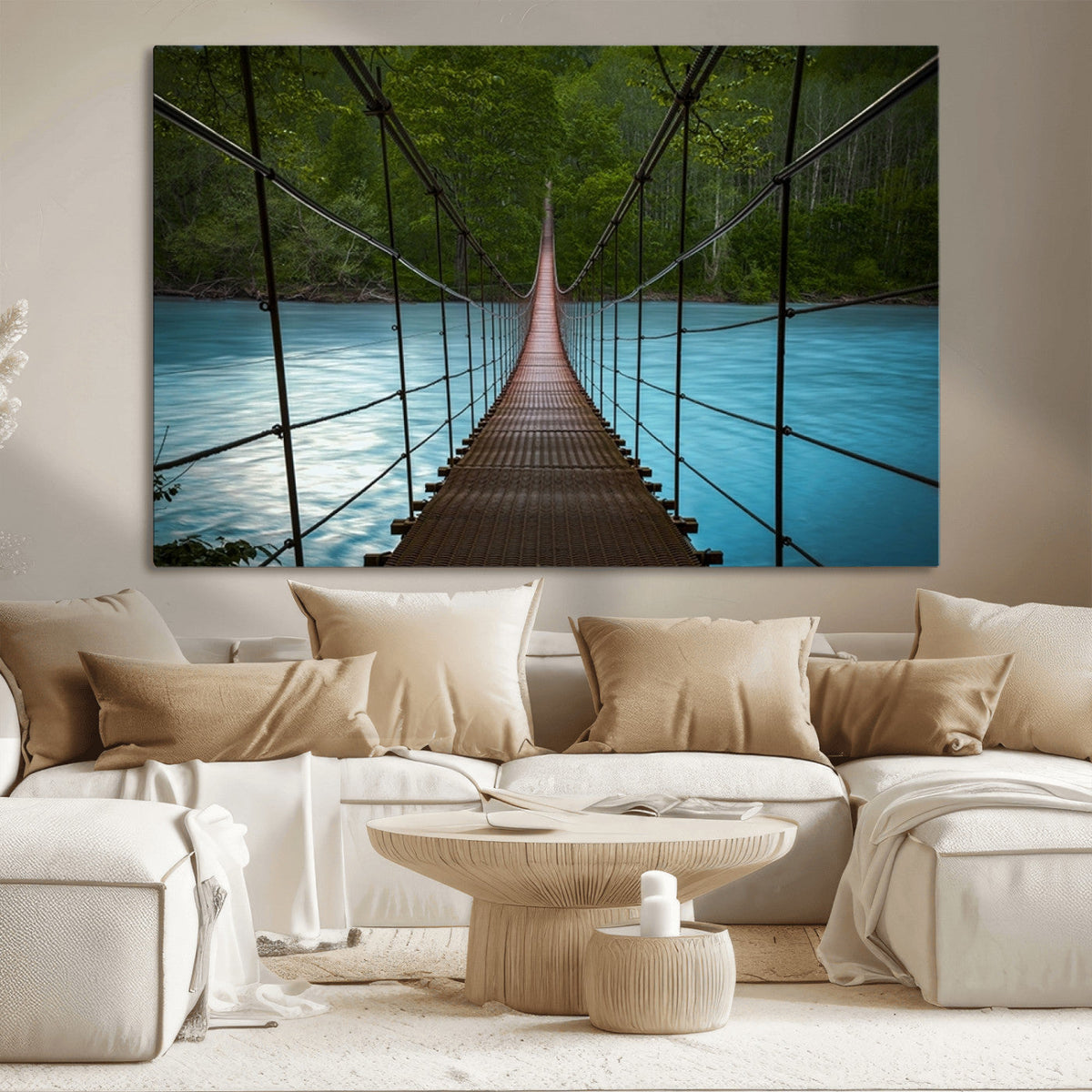 Suspension Bridge Over River Canvas Art | 3-Panel Nature