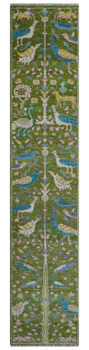 Custom Made Hand Knotted Jungle Life Peacock Green Runner Wool Rug