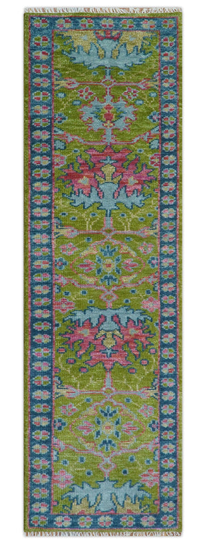 Custom Made Runner Donegal Green And Blue Hand Knotted Wool Rug