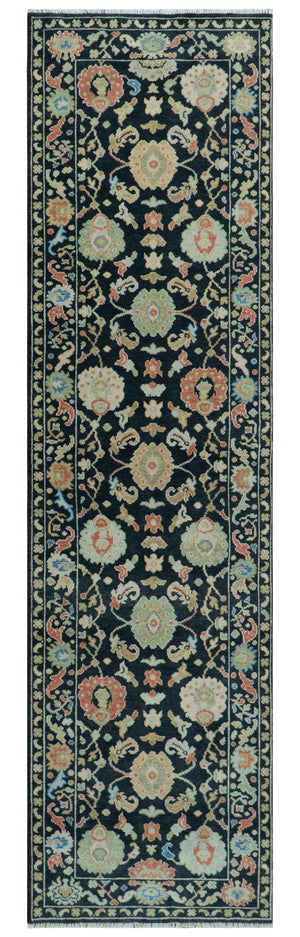 Custom Made Oushak Black And Rust Hand Knotted Runner Wool Rug