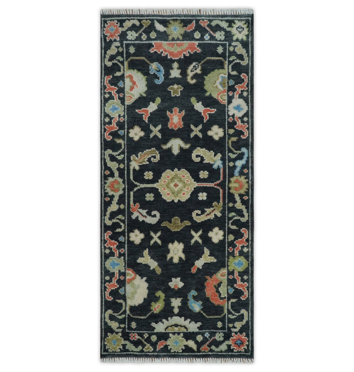 Custom Made Oushak Black And Rust Hand Knotted Runner Wool Rug