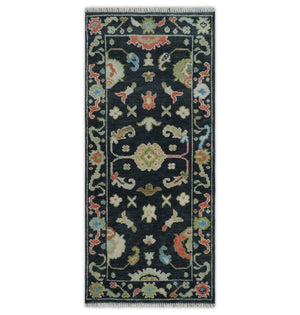 Custom Made Oushak Black And Rust Hand Knotted Runner Wool Rug