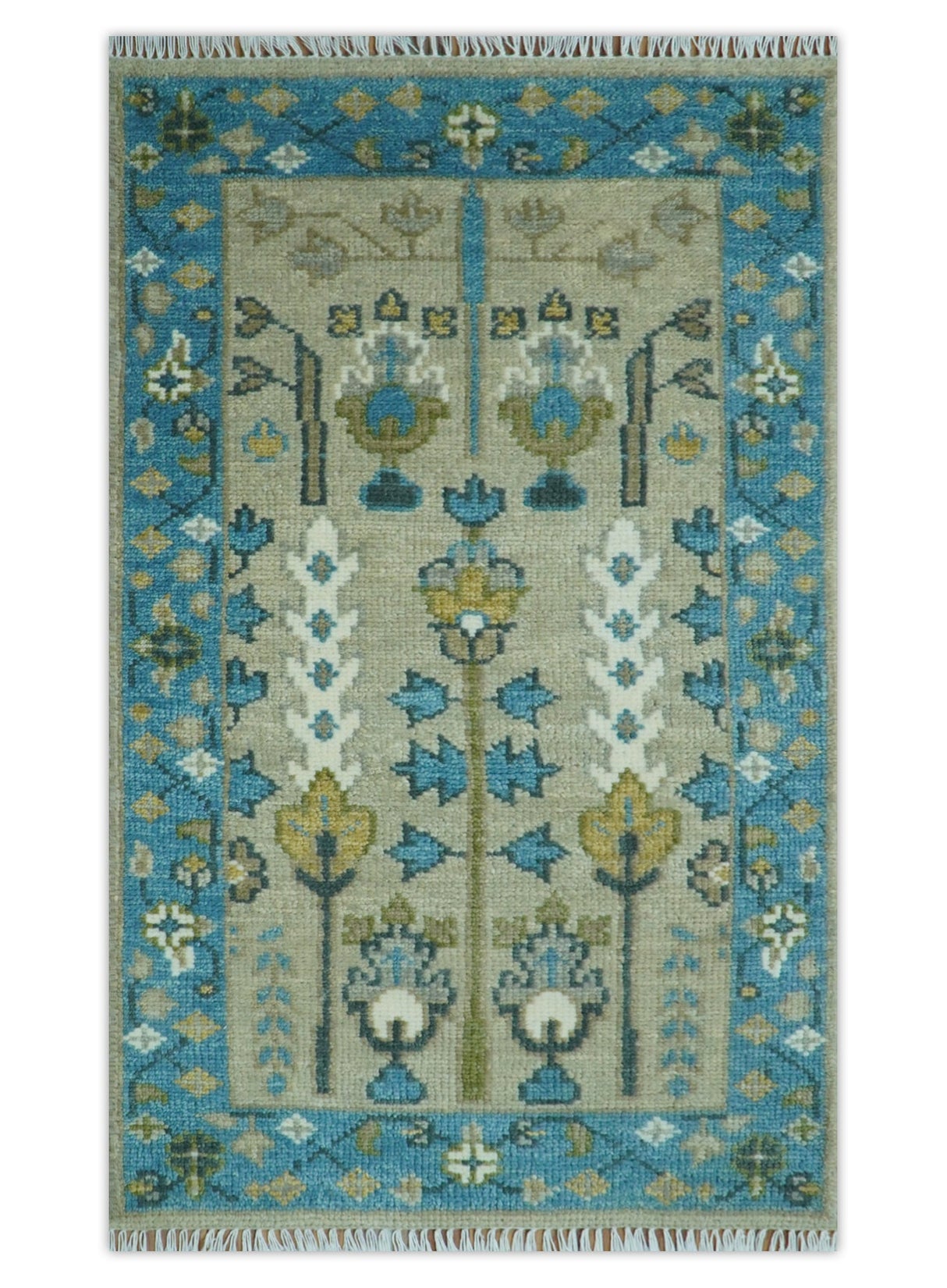 Custom Made Hand Knotted Tree of Life Beige And Blue Runner Wool Rug