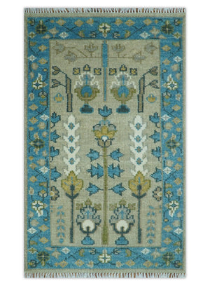 Custom Made Hand Knotted Tree of Life Beige And Blue Runner Wool Rug