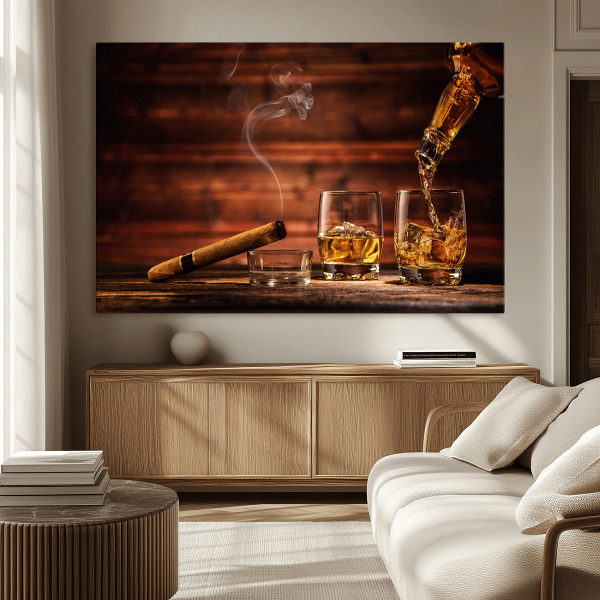 Whiskey and Cigar Wall Art Canvas | 3 Panel Bar Room Decor