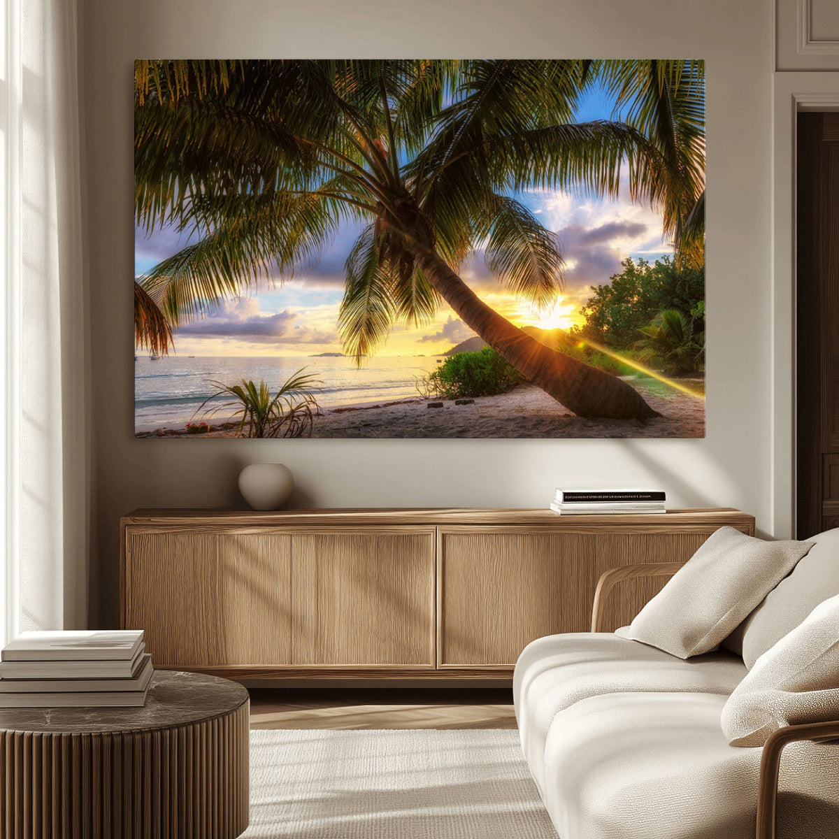 Tropical Island Sunset on the Beach Palms Wall Art Canvas