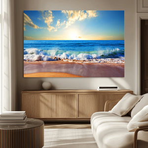 Tropical Beach Sunset Canvas Art, Ocean Waves and Sandy