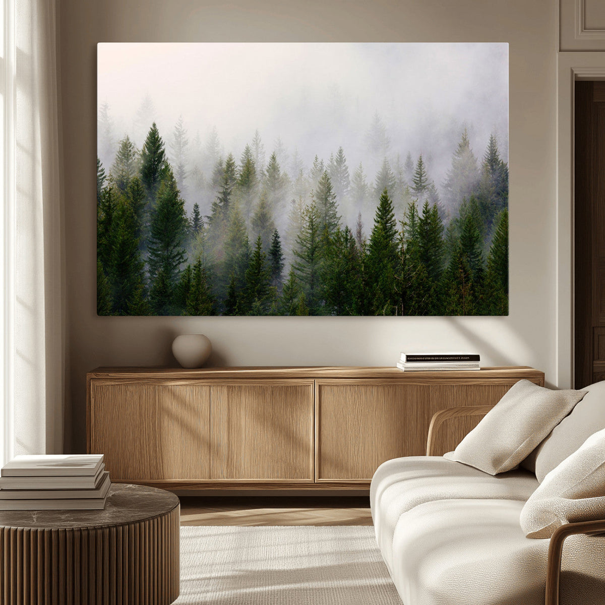 Misty Pine Forest Wall Art Canvas Print | 3 Panel Green