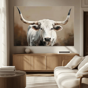 White Longhorn Bull Wall Art Canvas Print – Framed and Ready