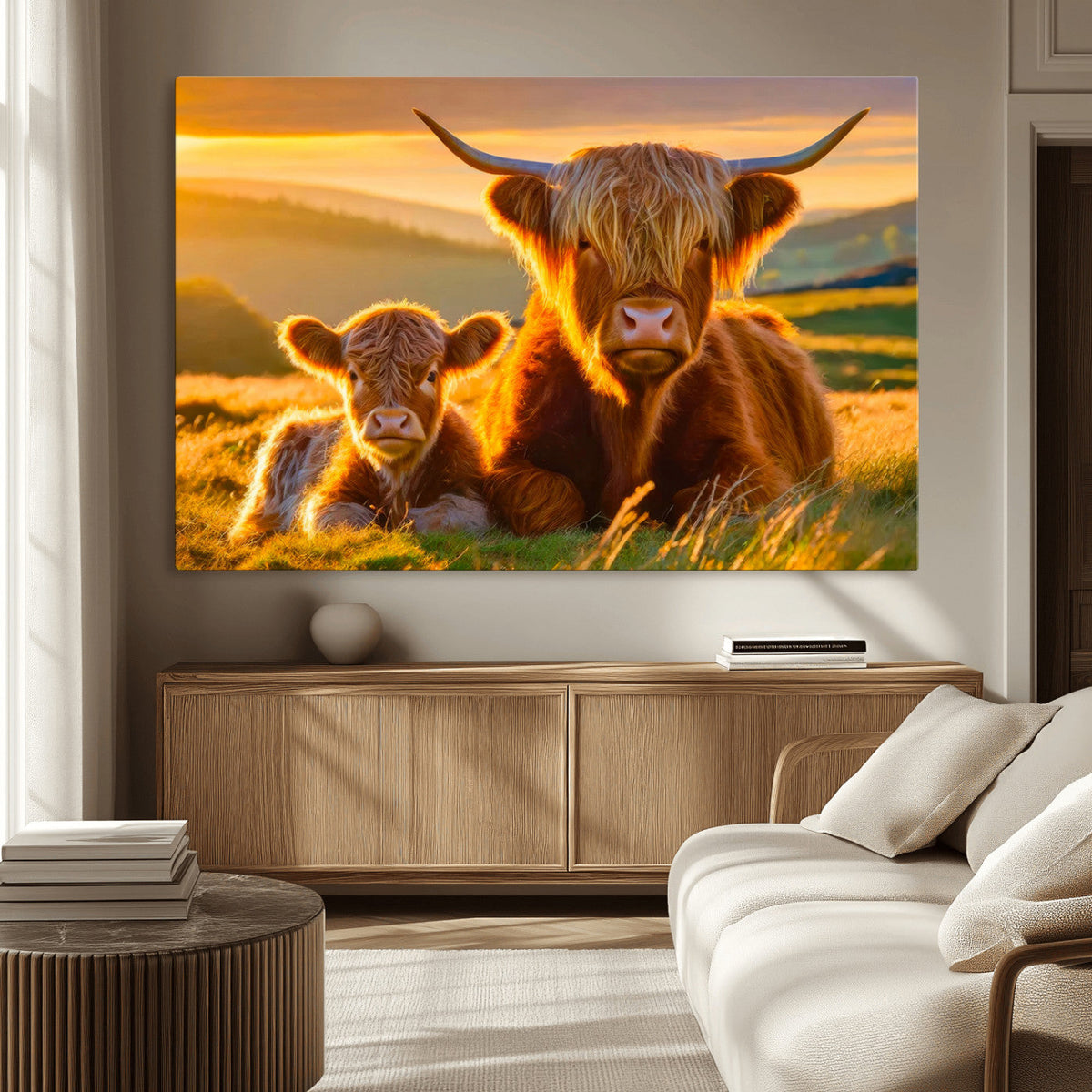 Scottish Cow and Baby Cow Canvas Wall Art Animal Print