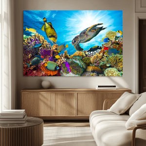 Colorful Coral Reef and Sea Life Turtle Canvas Print,