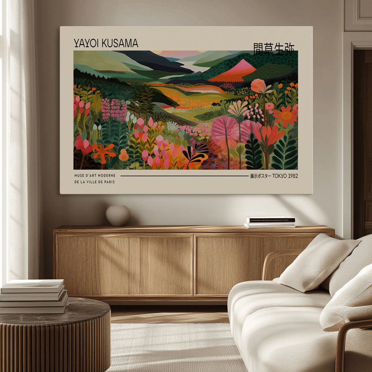 Yayoi Kusama Landscape Canvas Print, Vibrant Floral Mountain