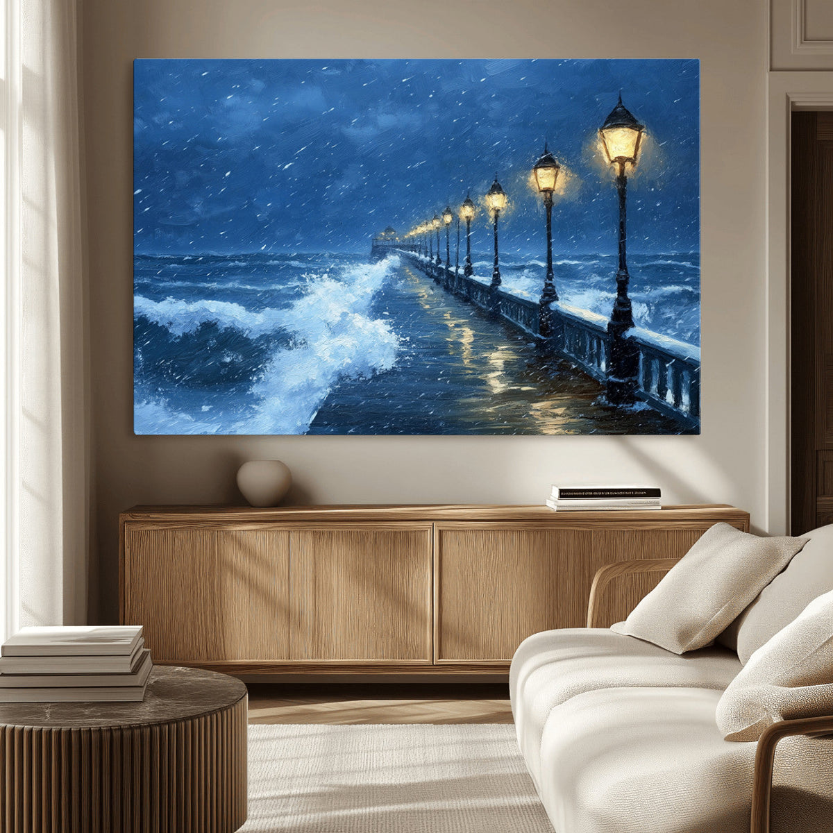 Stormy Ocean Pier Lights Canvas Wall Art Print - Large Moody