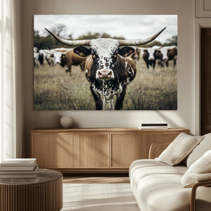Texas Longhorn Wall Art – Framed Speckled Cow Canvas