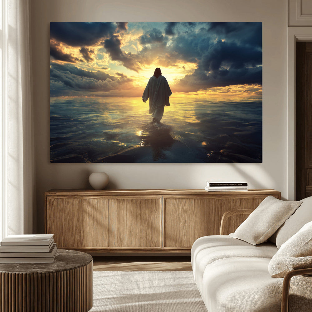 Jesus Walks Wall Art Canvas Print Framed Divine Sunset Art