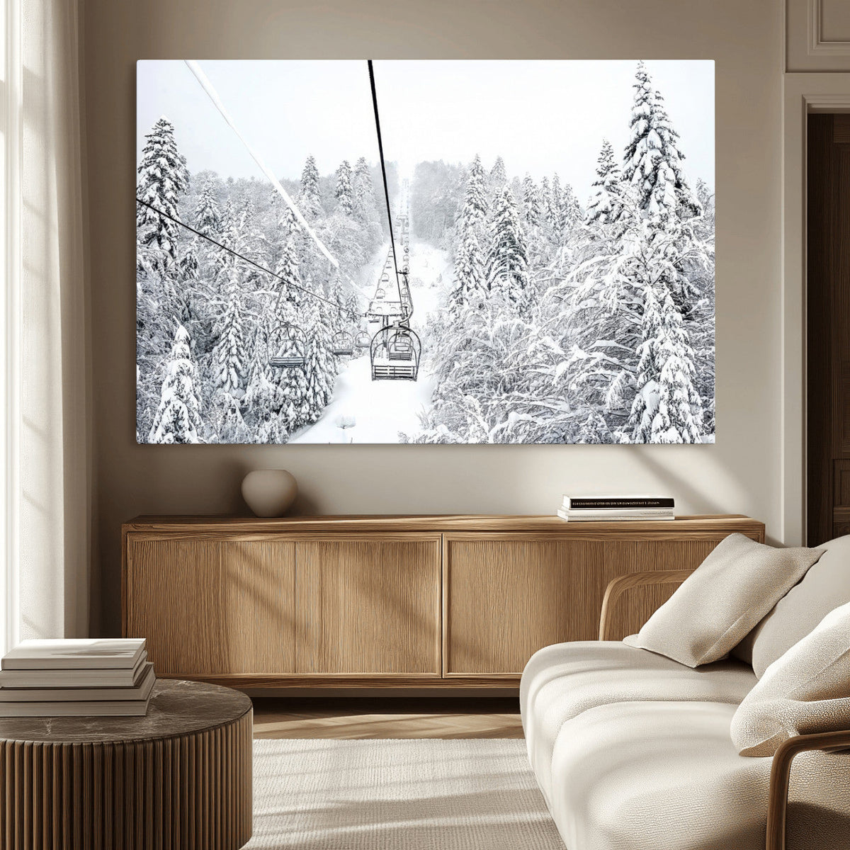 Snowy Ski Lift Wall Art – Framed Winter Mountain Canvas