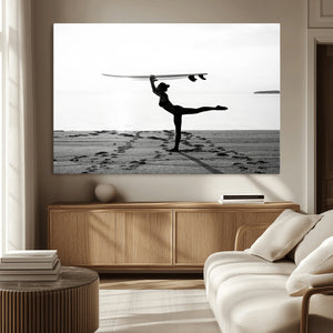 Yoga Surf Wall Art Canvas Print – Framed Black White Shore