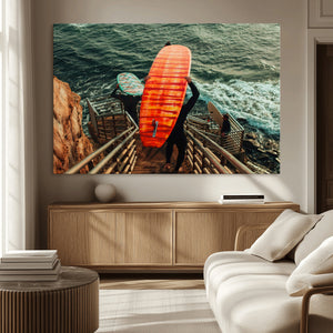 Surfer Stairway Wall Art – Framed Ocean Surf Canvas Artwork,