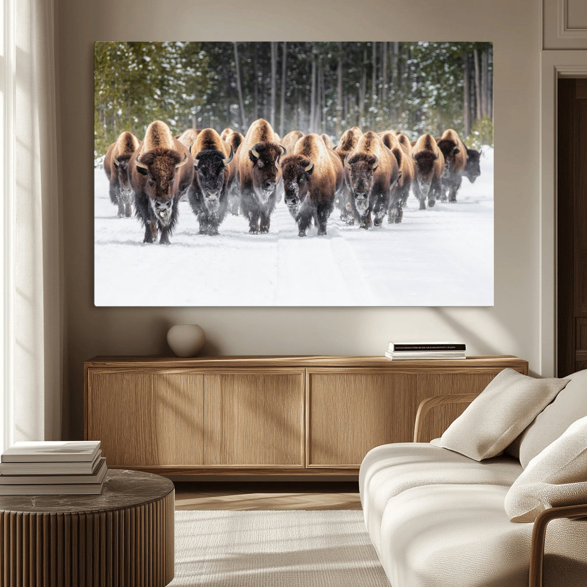 American Bison Herd Wall Art Canvas Print – Powerful Winter