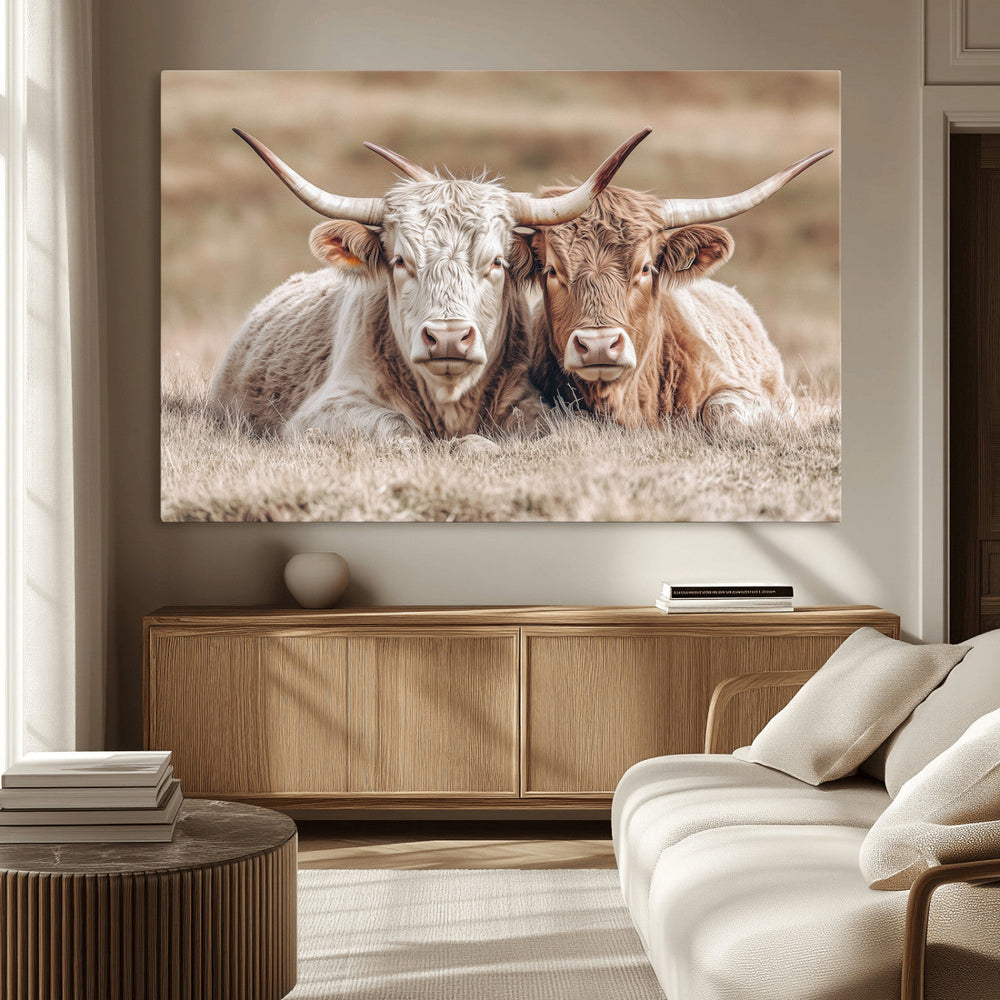 Couple Highland Cows Wall Art Canvas Print – Peaceful Meadow