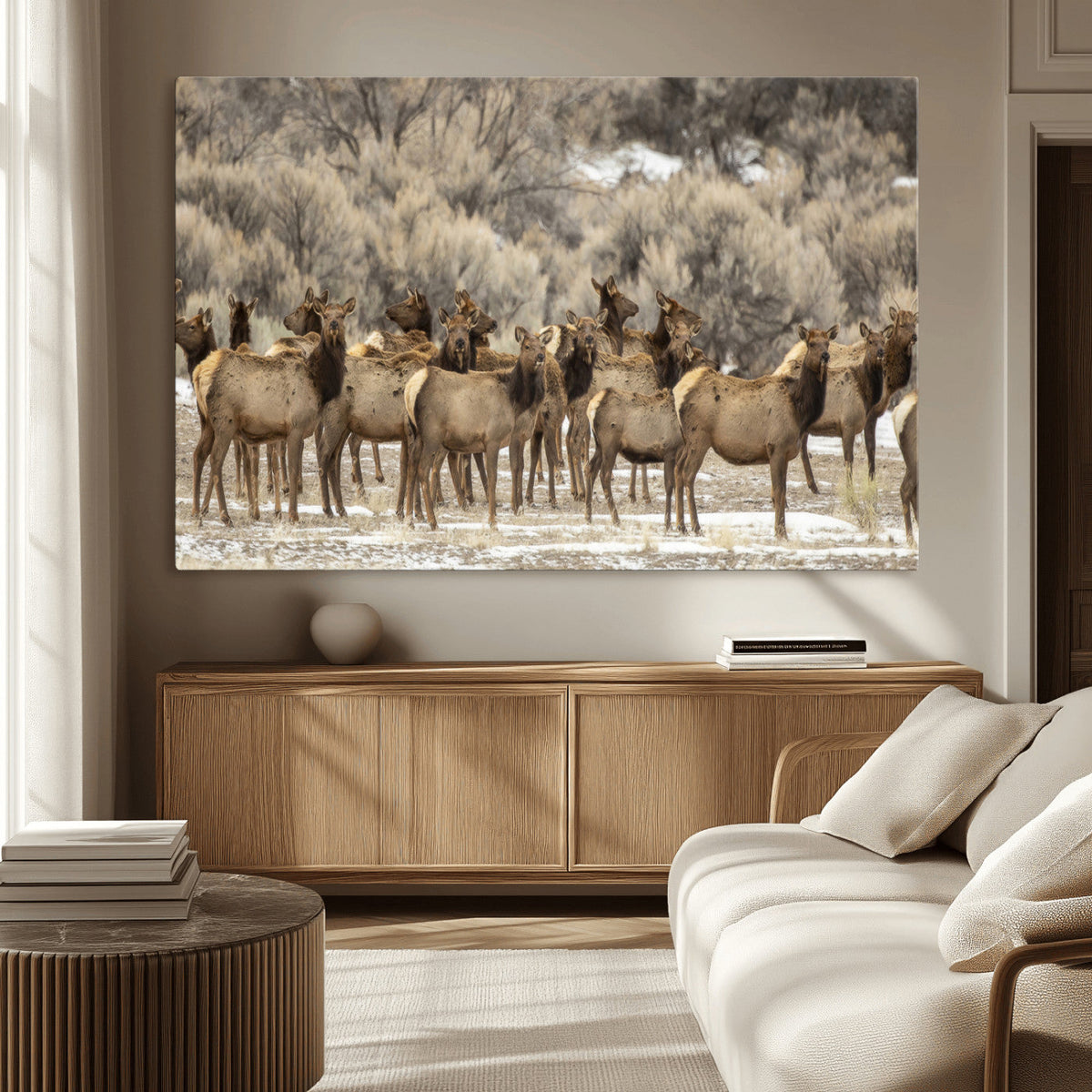 Majestic Elk Herd Winter Canvas, Elk Herd Winter Landscape