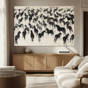 Wild Horse Stampede Wall Art Canvas Print – Monochrome
