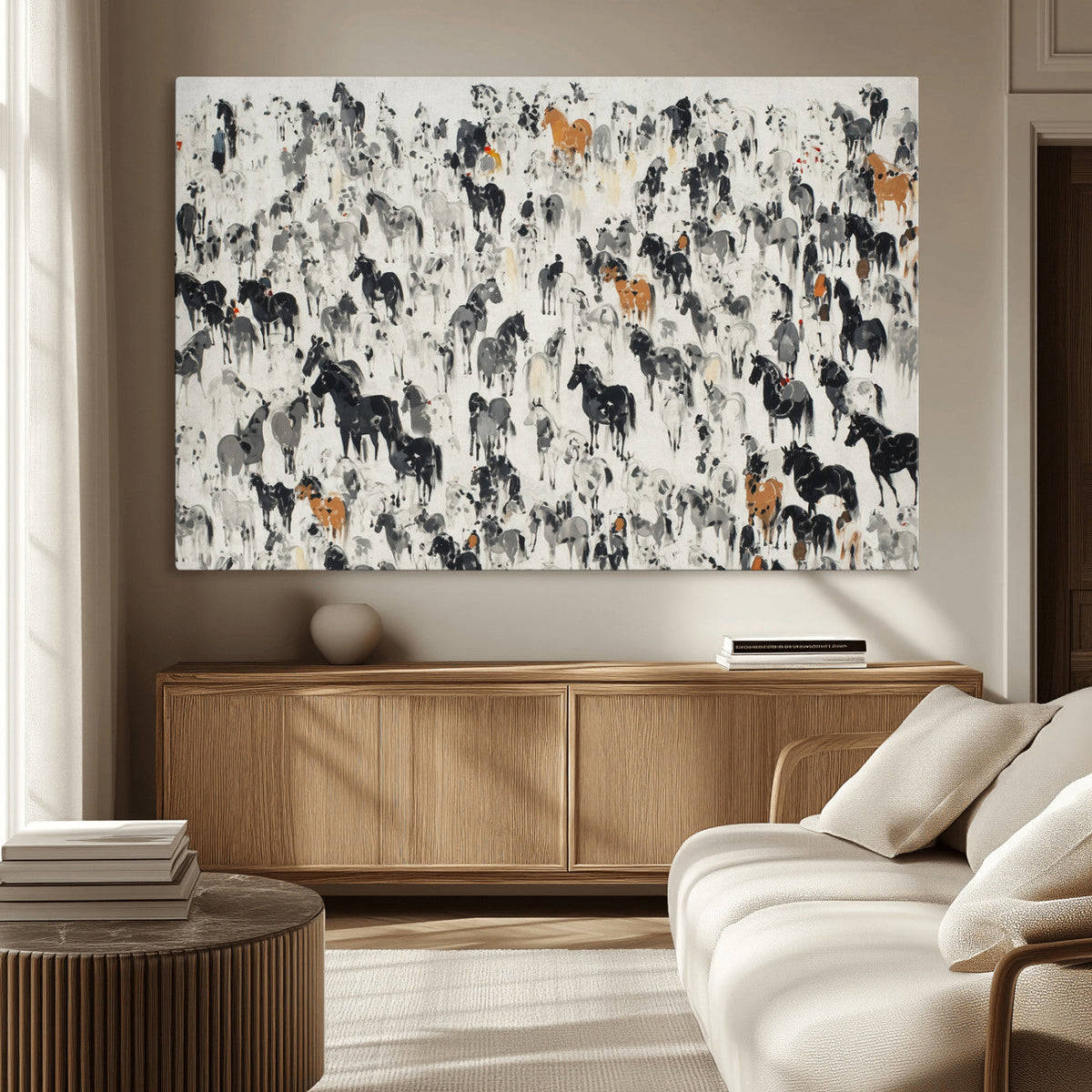 Wild Horse Stampede Wall Art Canvas Print – Monochrome