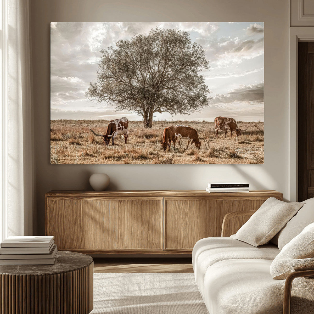 Texas Longhorn Cattle Wall Art, Rustic Western Ranch Canvas