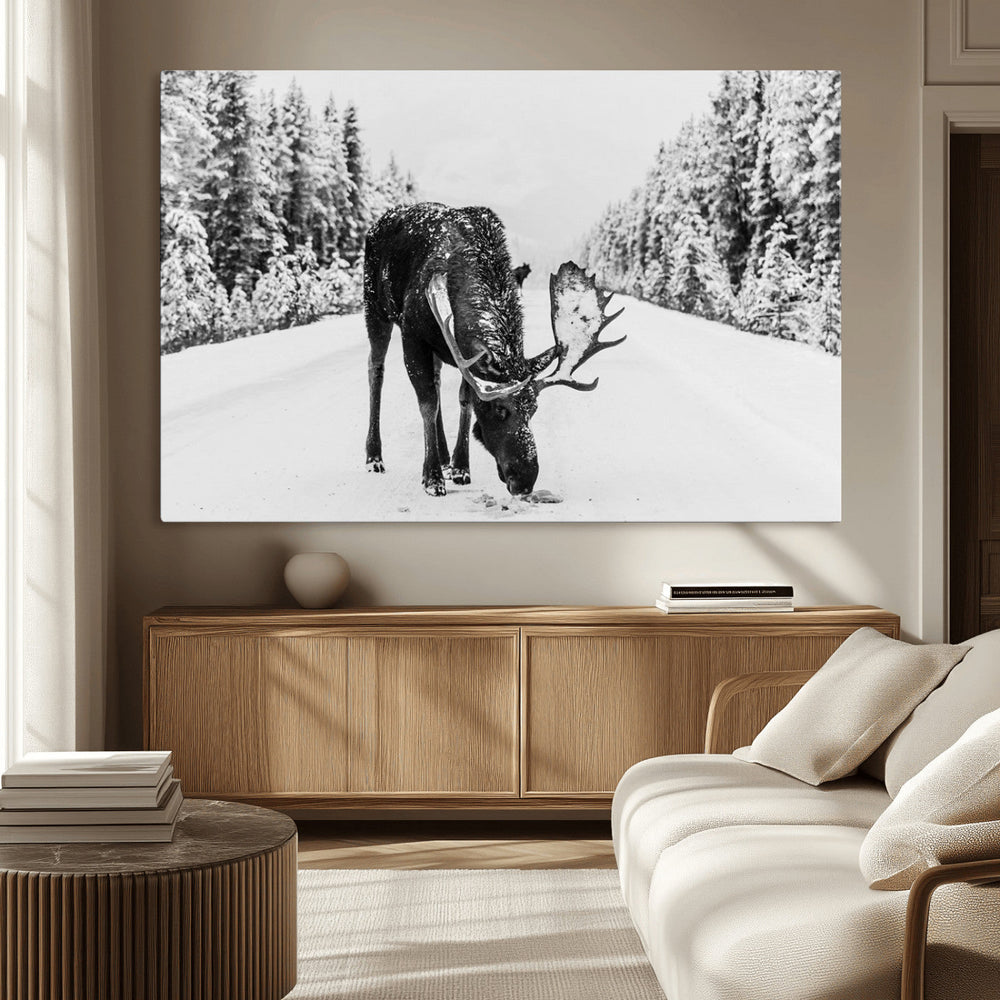 Moose Wall Art Canvas Print – Winter Snowy Forest Antlers