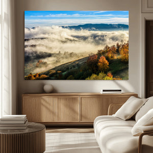 Misty Autumn Hills Wall Art Canvas Print, Foggy Forest