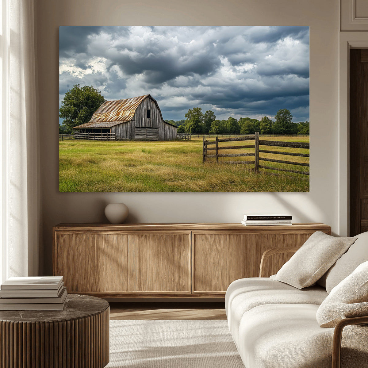 Rustic Stormy Barn Wall Art Canvas Print, Moody Country Farm