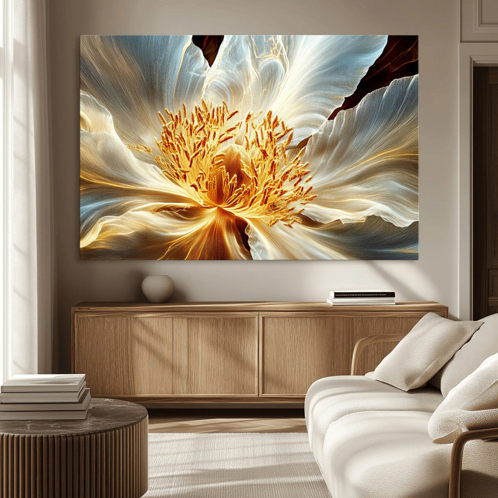 Golden Abstract Flower Canvas Wall Art, Modern Botanical