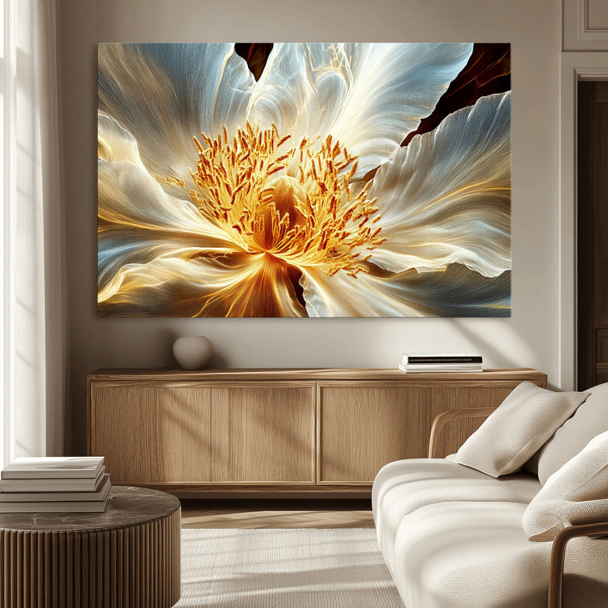 Golden Abstract Flower Canvas Wall Art, Modern Botanical