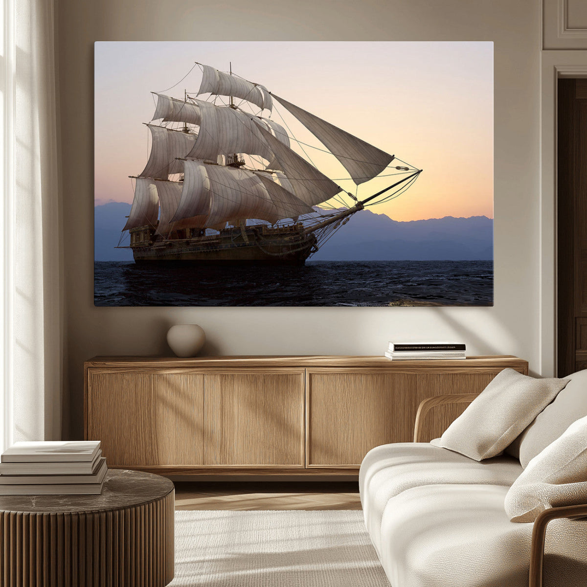 Majestic Sailing Ship Wall Art Canvas Print, Sunset Ocean