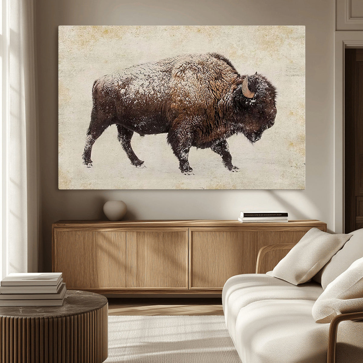 Snow-dusted bison silhouette textured vintage style rugged