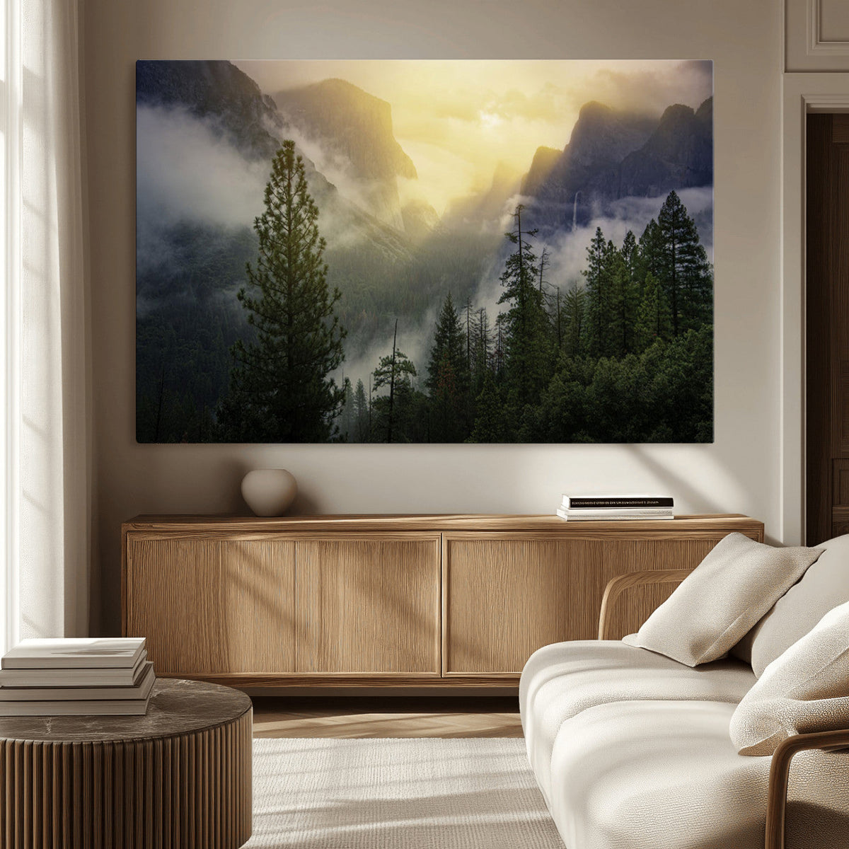 Misty Mountain Valley Wall Art Canvas Print, Golden Sunrise