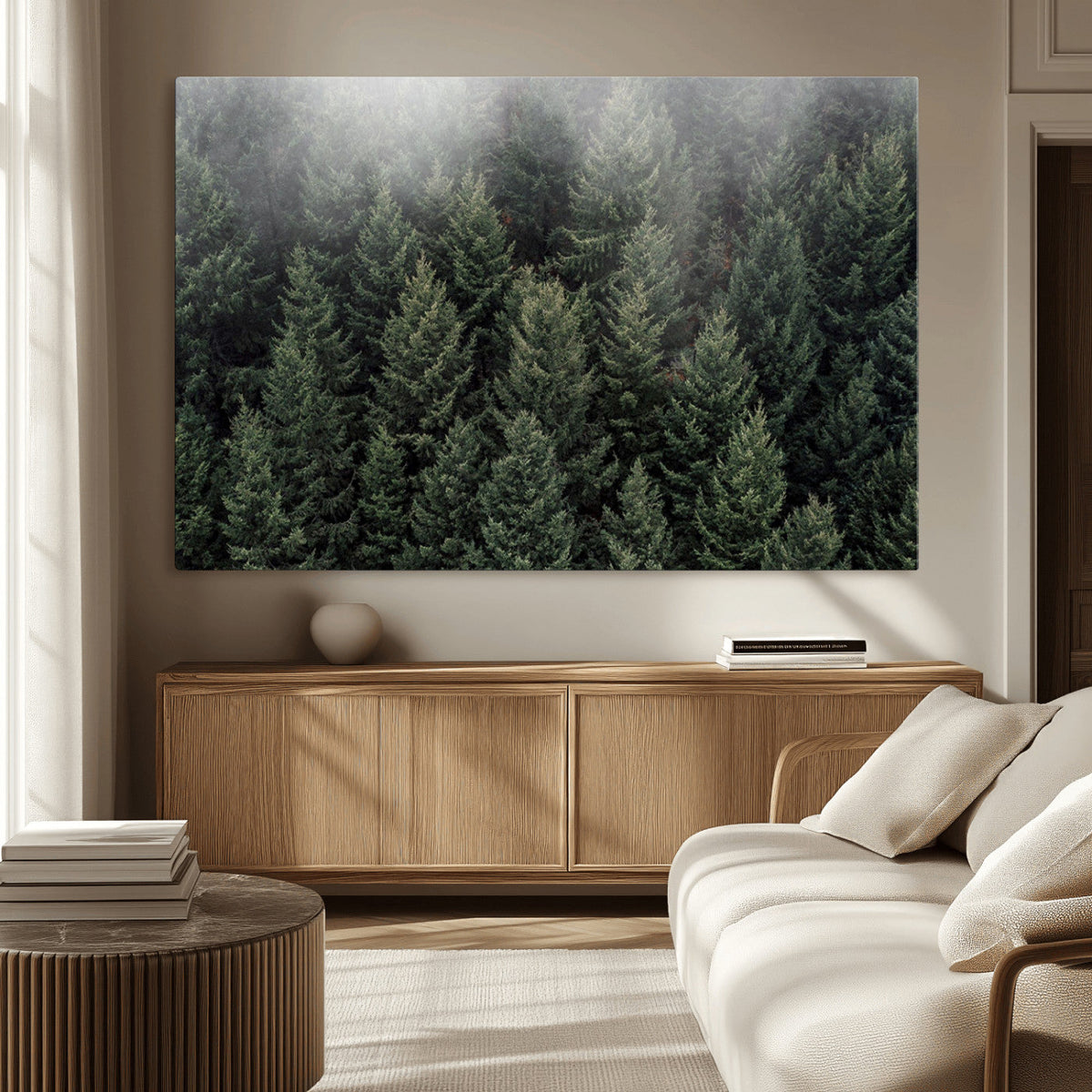 Dense Evergreen Forest Misty Morning Fog Pine Trees Woodland