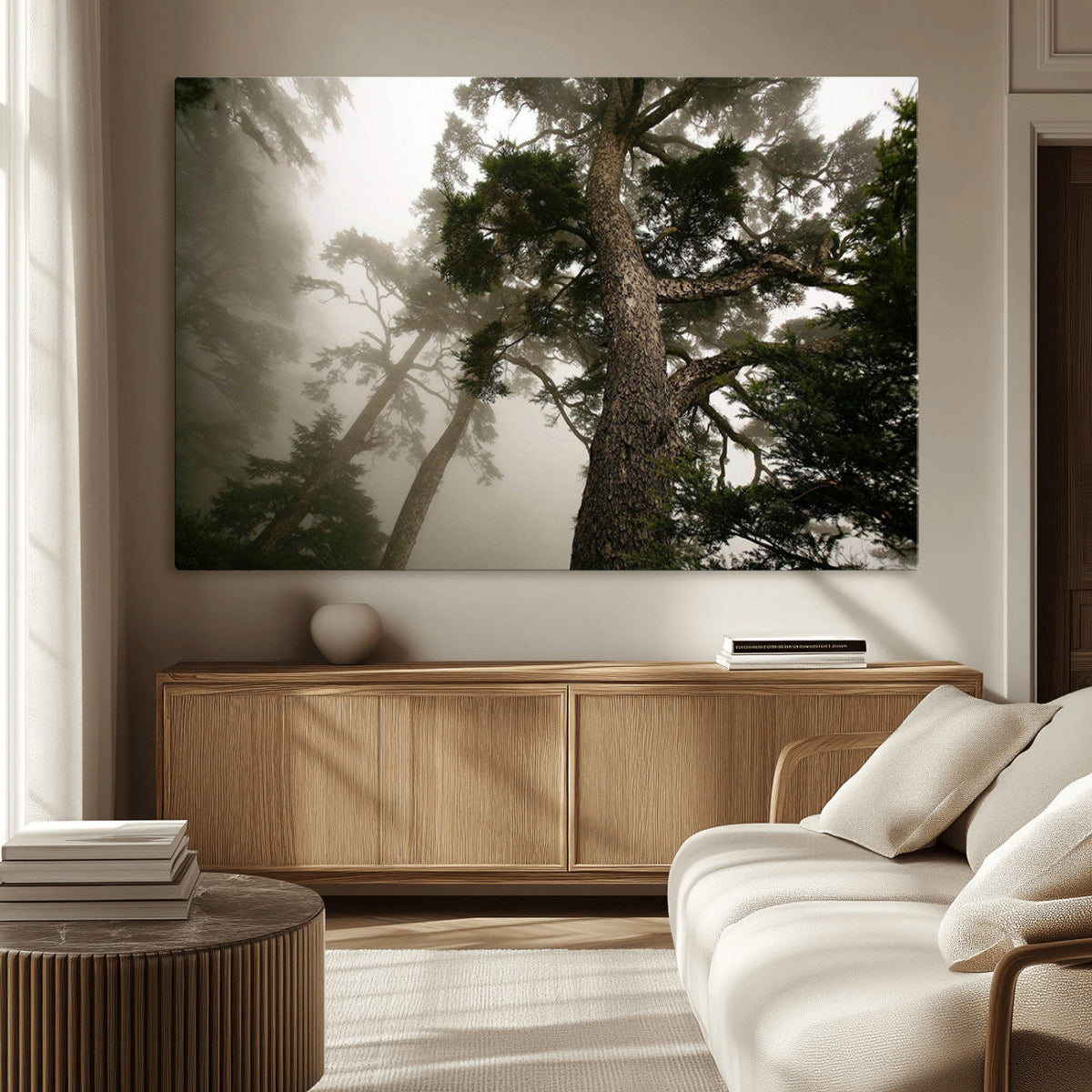 Misty Forest Wall Art Canvas Print, Tall Trees and Foggy