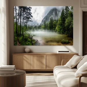 Misty Lake Forest Wall Art – Green Trees Calm Water