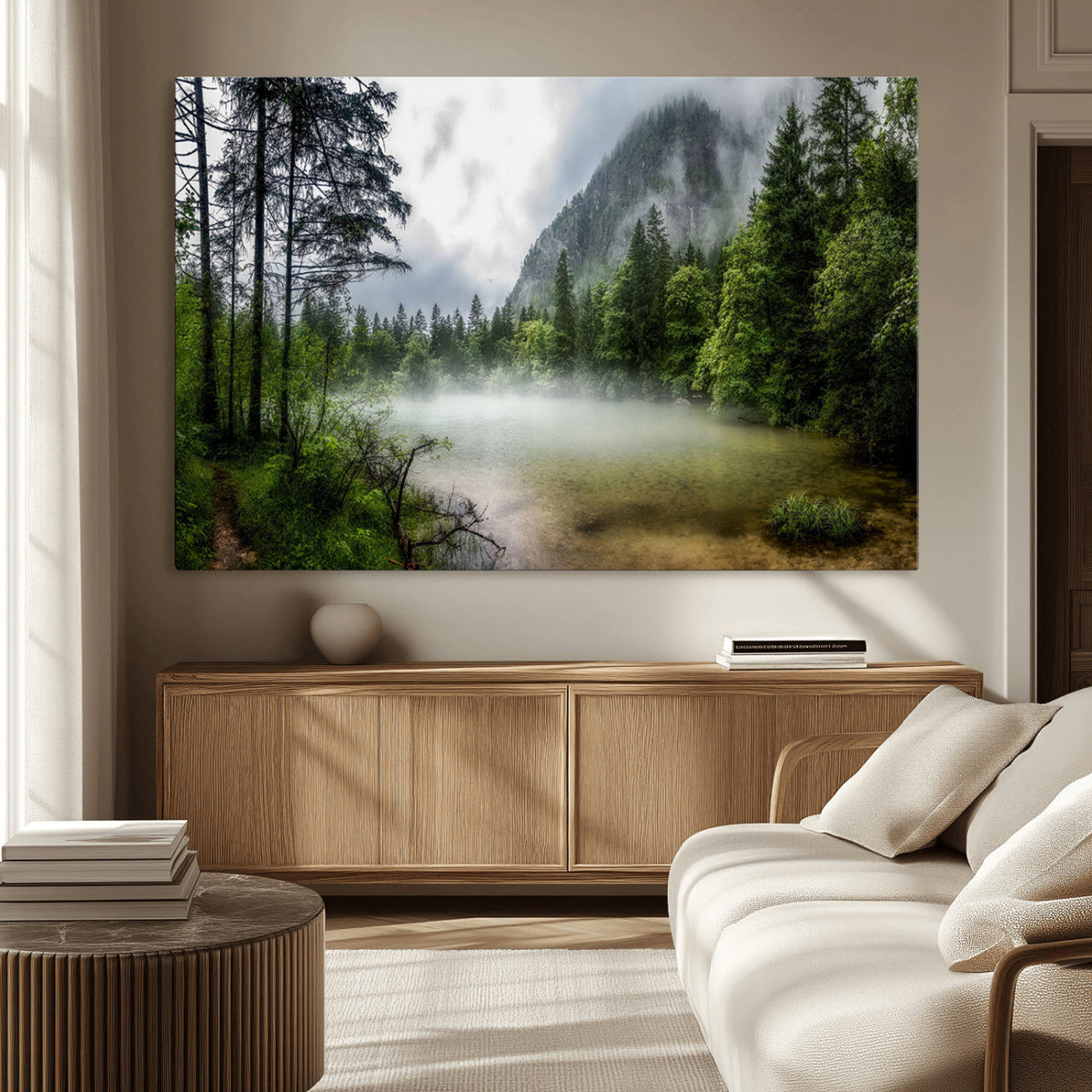 Misty Lake Forest Wall Art Canvas Print, Green Trees and