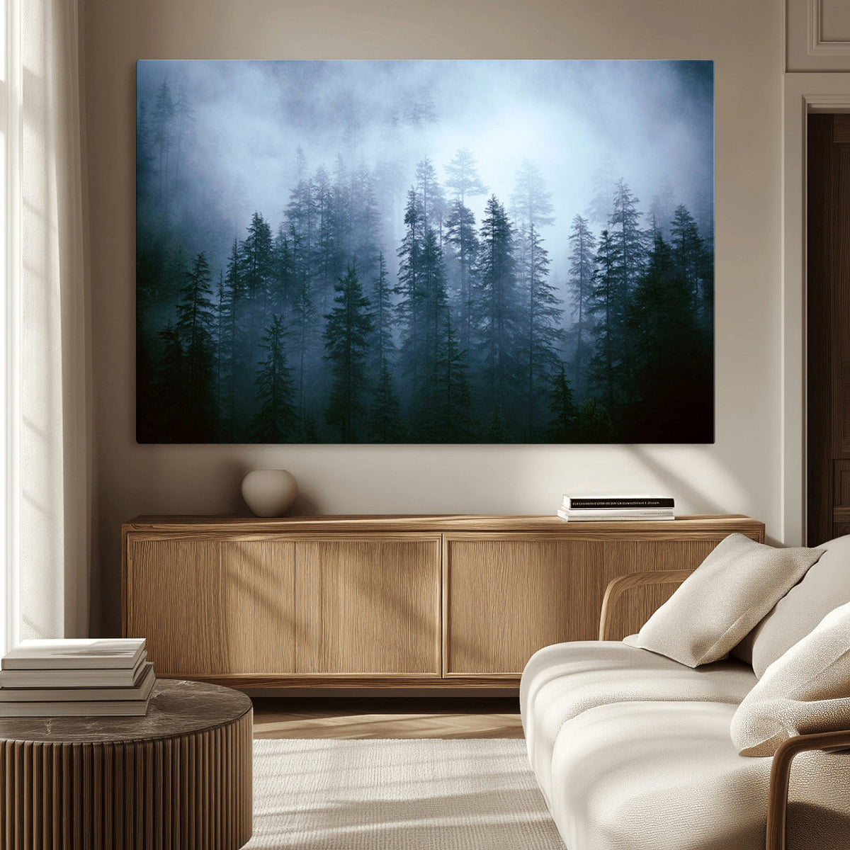 Foggy Evergreen Pines Wall Art – Mist Forest Blue Haze Moody