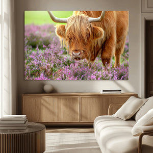 Highland Cow Wall Art – Purple Flowers Pasture Scenic