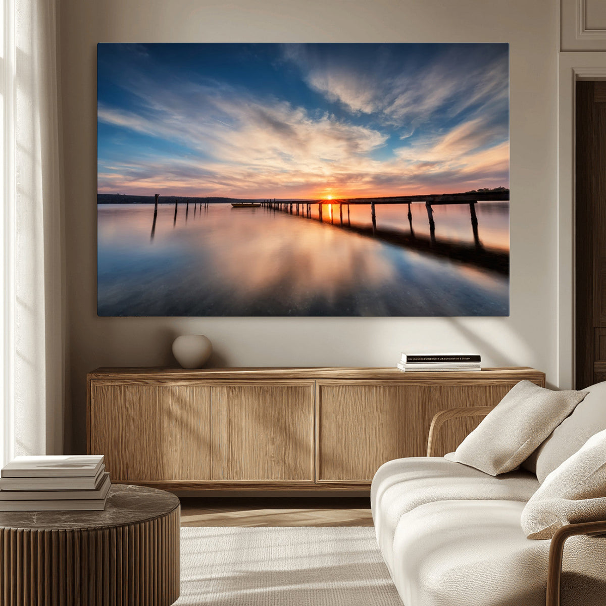 Wooden Pier on Seascape and Sunset Wall Art Canvas Print