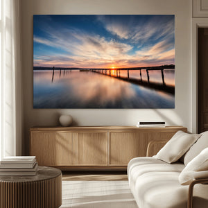 Wooden Pier on Seascape and Sunset Wall Art Canvas Print
