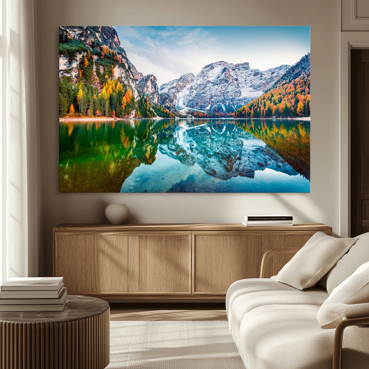 Spectacular autumn view of Braies Lake Wall Art Canvas Print