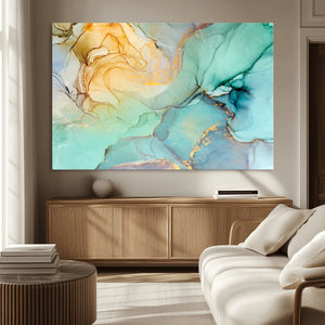 Abstract Aqua and Gold Fluid Wall Art Canvas | 3 Panel Large