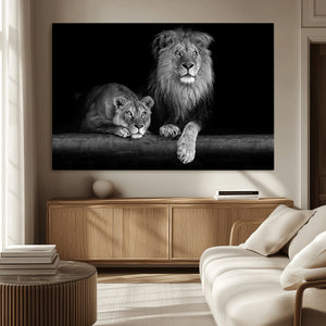 Large Black and White Lion Couple Wall Art Canvas Print –