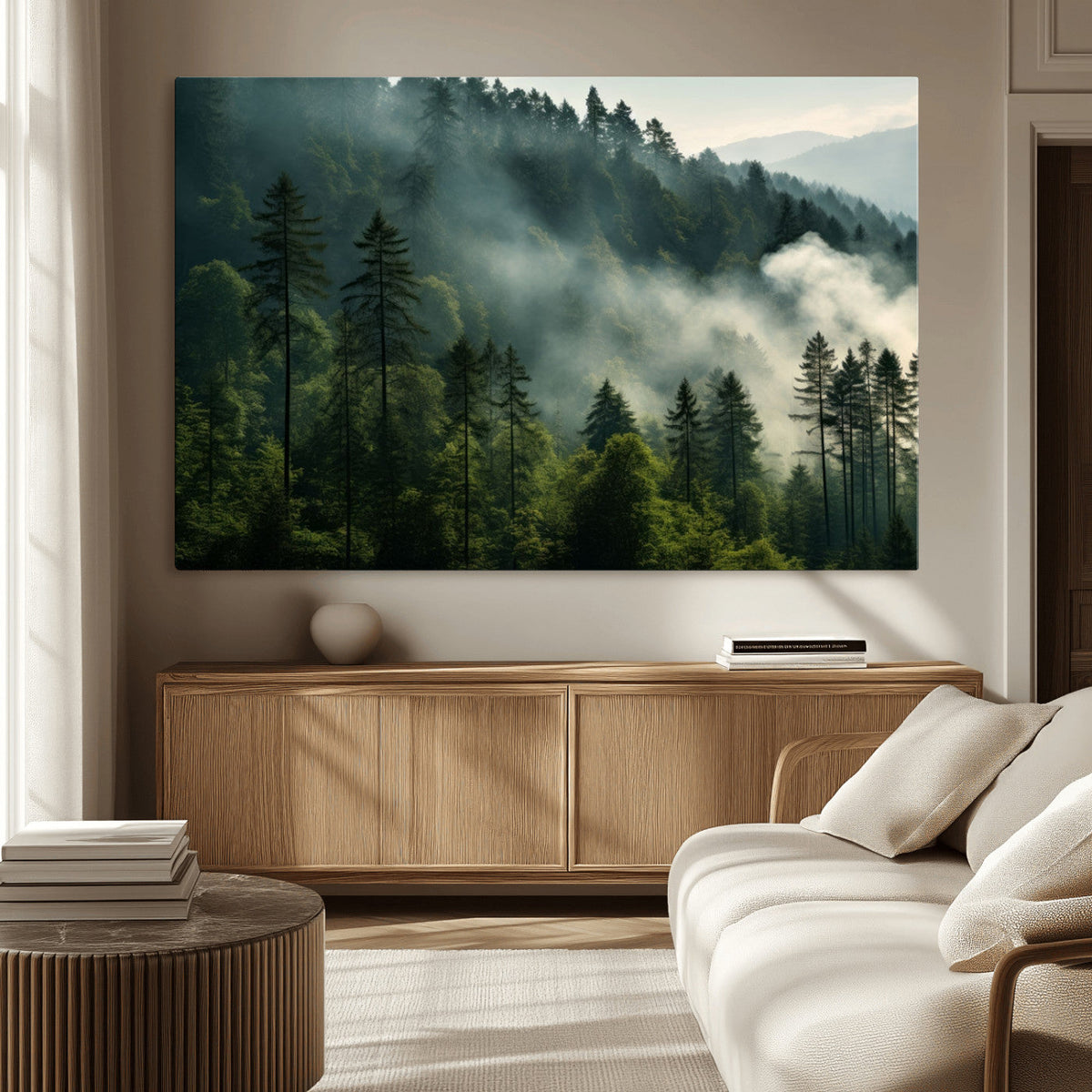 Misty Forest Wall Art Premium Canvas Print a Foggy and